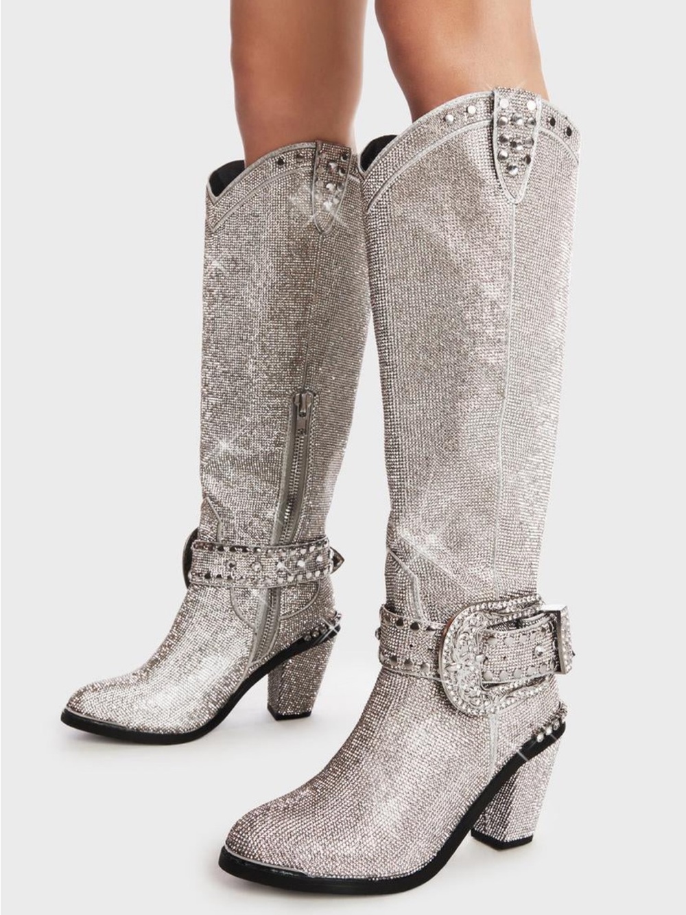 Dolls Kill Silver Crystal-Embellished Knee-High Western Heel Boots